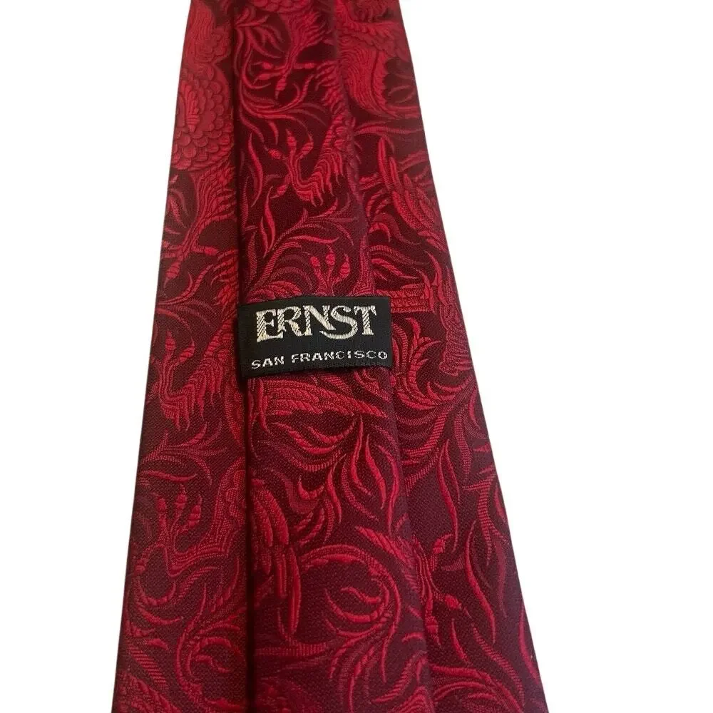 Vtg Necktie ERNST SF Union wide burgundy/red brocade floral/dragon design